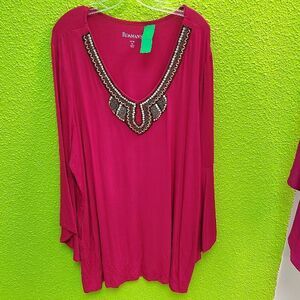 Roaman's Pink Embellished 3/4 Sleeve Blouse
